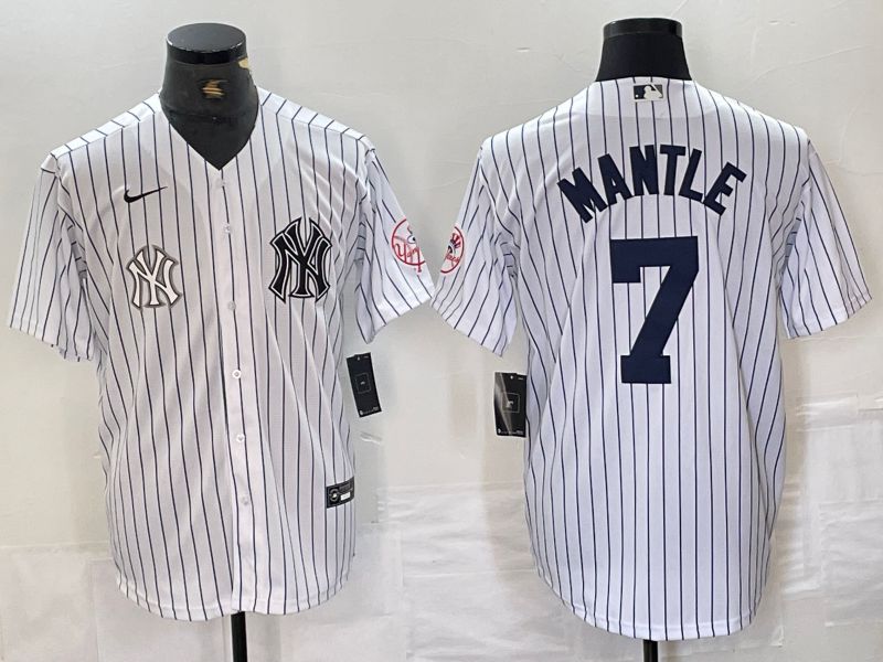 Men New York Yankees 7 Mantle White Stripe Second generation joint name Nike 2024 MLB Jersey style 2